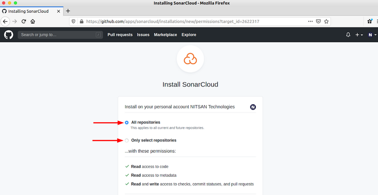 Wählen Sie entweder "Alle Repositories" oder "Nur bestimmte Repositories".  Wählen Sie entweder "Alle Repositories" oder "Nur bestimmte Repositories".