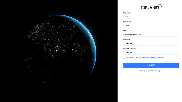  Schritt 1: Registrieren Sie sich oder melden Sie sich bei Ihrem T3Planet-Konto an.