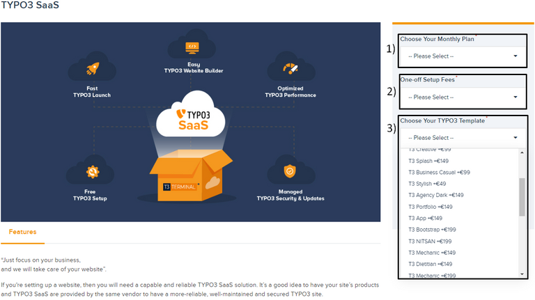 [Translate to German:] Step:2 On selecting your desired premium SaaS package you’d be redirected to Buy TYPO3 SaaS page.
