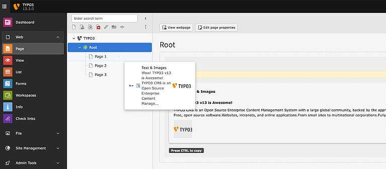 Inhaltselemente direkt über den Seitenbaum verschieben Inhaltselemente direkt über den Seitenbaum verschieben