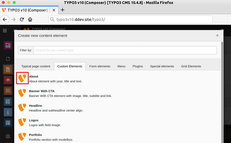 Registerkarte Registrierung der TYPO3 "Benutzerdefinierte Elemente". Registerkarte Registrierung der TYPO3 "Benutzerdefinierte Elemente".