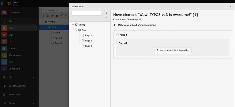 Inhaltselemente direkt über den Seitenbaum verschieben Inhaltselemente direkt über den Seitenbaum verschieben