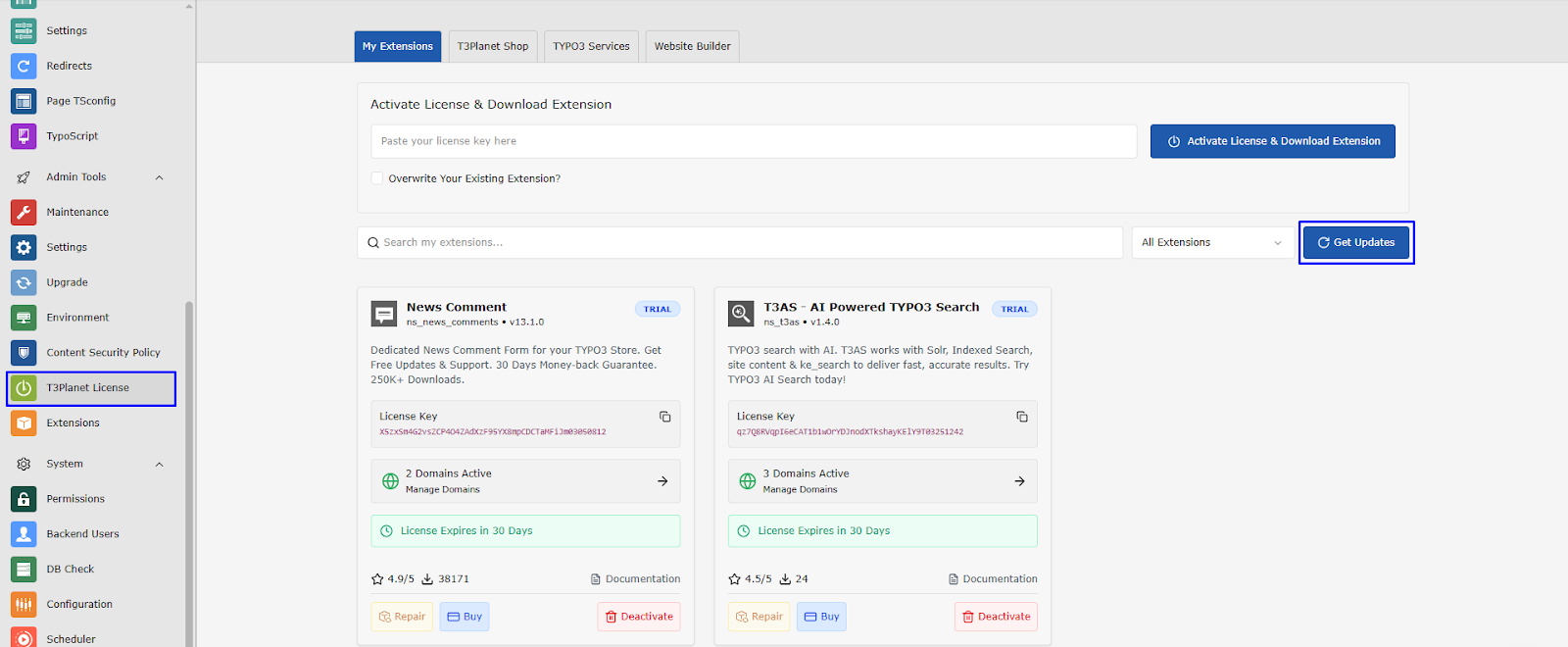 Check for Updates via TYPO3 Backend