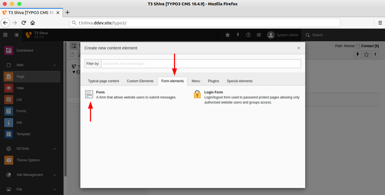 Go to Form elements, and select the “Form” plugin
