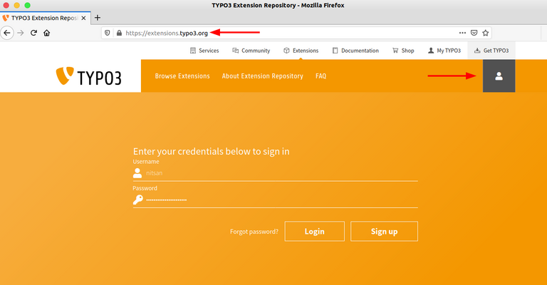 Login at Extensions.TYPO3.org