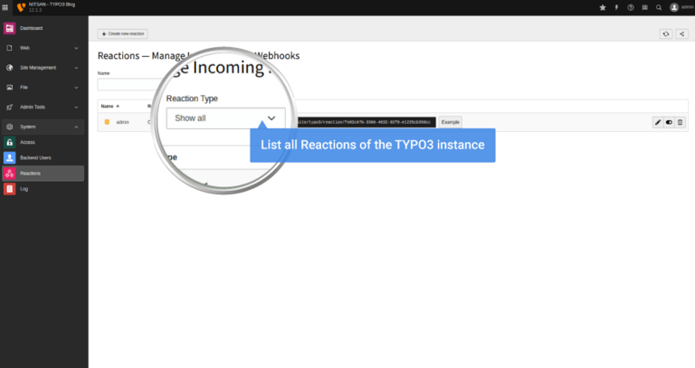 List All Reactions of the TYPO3 Instance