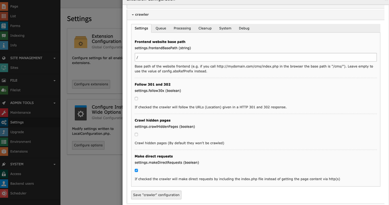 Configure crawler extension