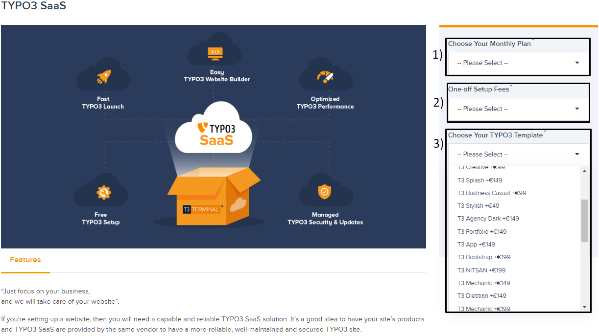 Step:2 On selecting your desired premium SaaS package you’d be redirected to Buy TYPO3 SaaS page.