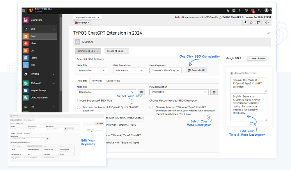 T3AI - TYPO3 AI - Optimize SEO at Page Module