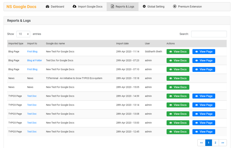 Reports & Logs of Google Doc Imports