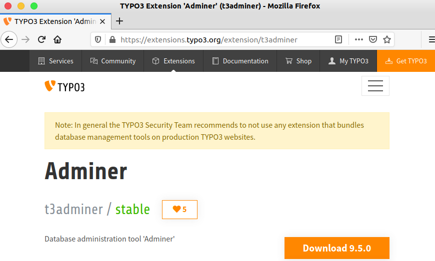 Warning for Adminer - by TYPO3 Security Team