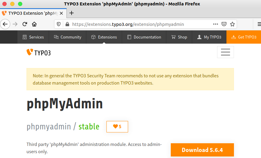Warning for phpMyAdmin - by TYPO3 Security Team