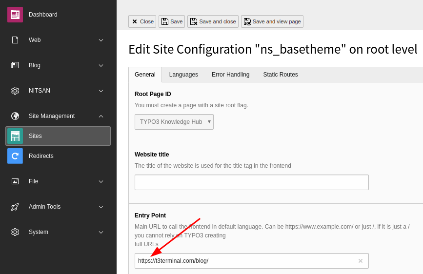 Using Site Management into TYPO3 version >= 9.x