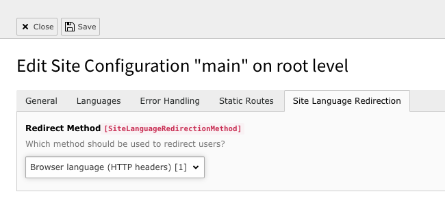 TYPO3 Site Configuration Language Redirection