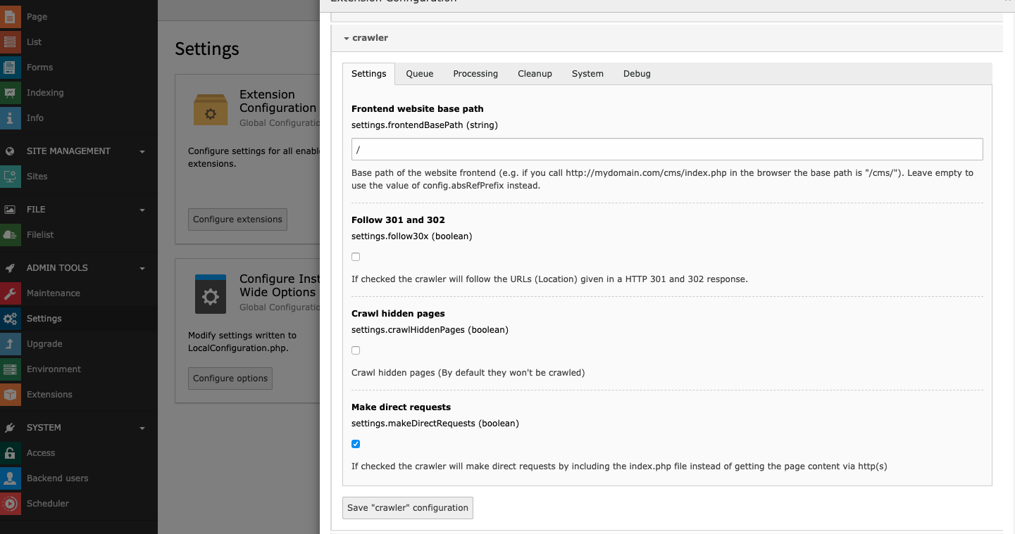Configure crawler extension
