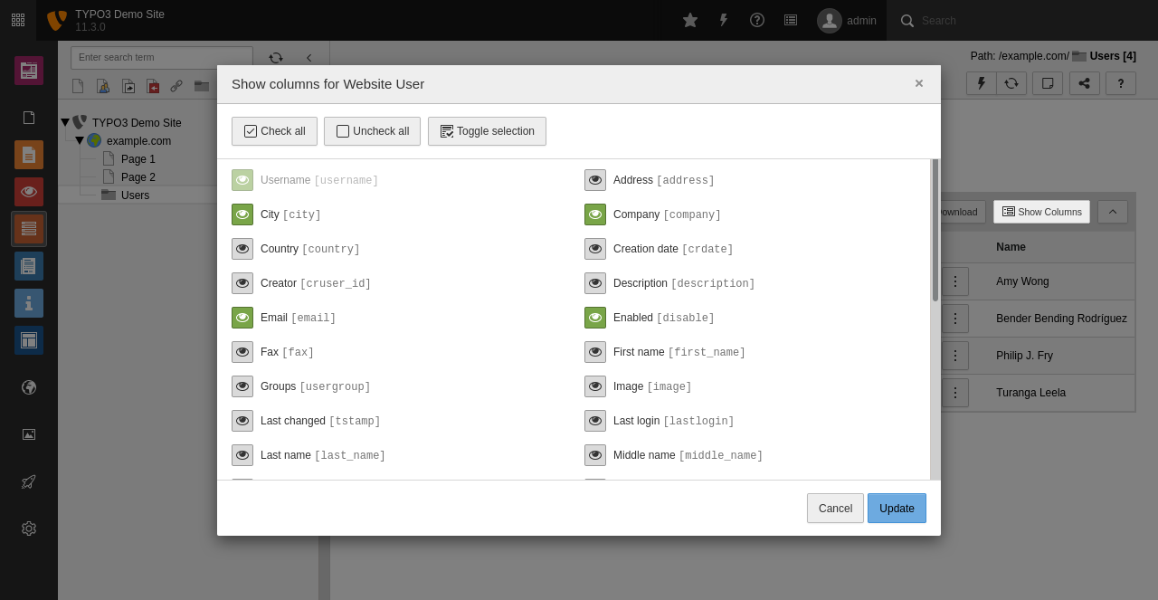 List Module: Selectable Columns