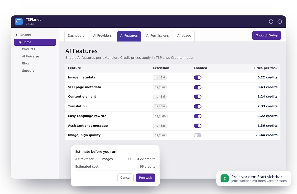 AI Features im TYPO3-Backend: Credit-Preis pro Funktion und die Schätzung vor dem Start einer Aufgabe