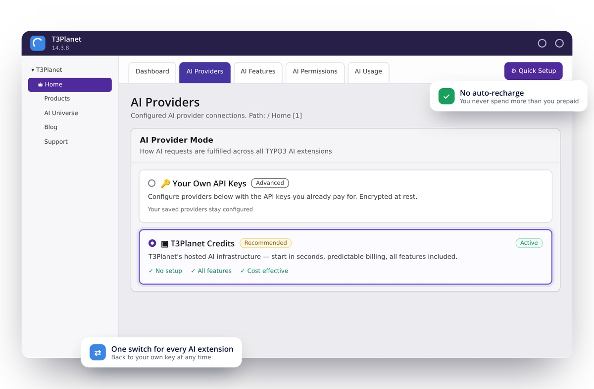 AI Providers in the TYPO3 backend: T3Planet Credits selected as the AI Provider Mode
