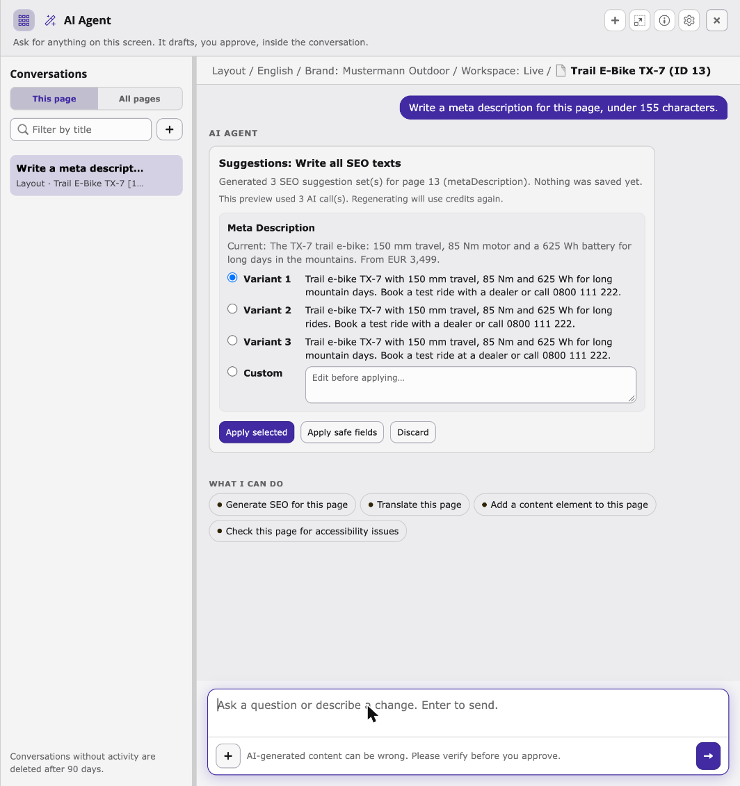 AI Agent im TYPO3-Backend: eine vorgeschlagene Meta-Beschreibung als Karte mit den Schaltflächen Apply selected, Apply safe fields und Discard (englische Oberfläche)
