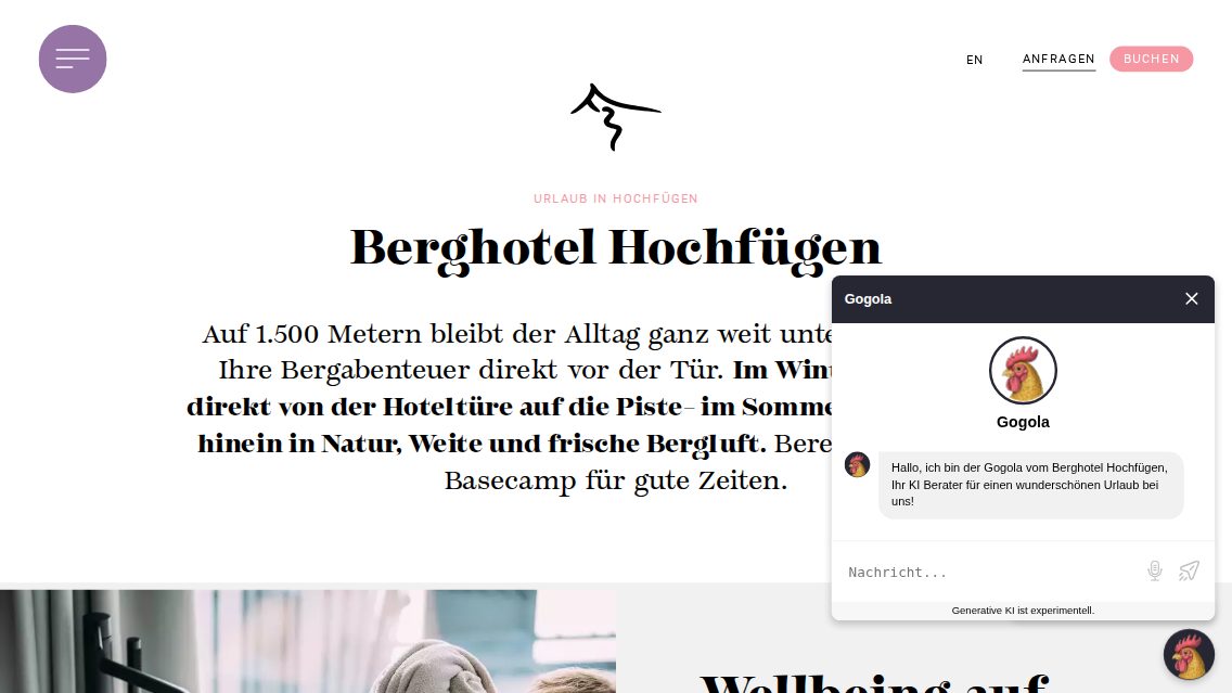 Website von Berghotel Hochfügen, TYPO3 Referenz mit T3AC – AI Chatbot for TYPO3