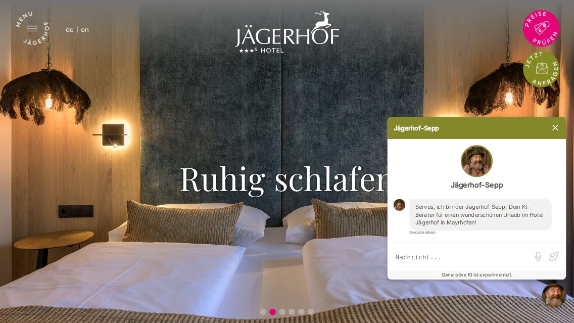 Website von JÄGERHOF Hotel Restaurant, TYPO3 Referenz mit T3AC – AI Chatbot for TYPO3