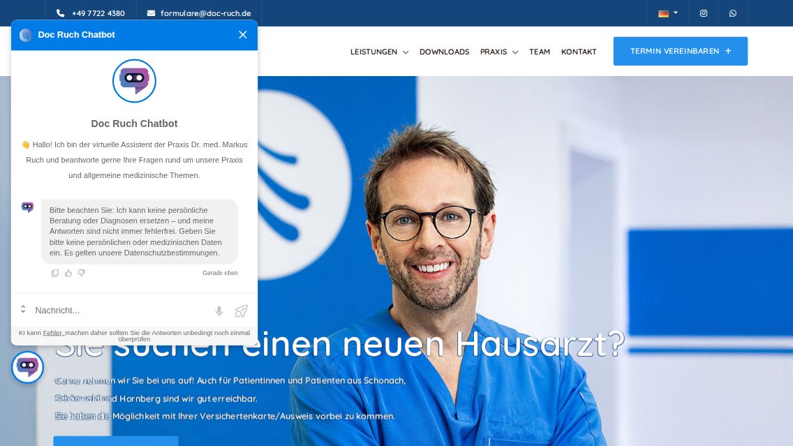 Website von Dr. med. Markus Ruch, TYPO3 Referenz mit T3AC – AI Chatbot for TYPO3