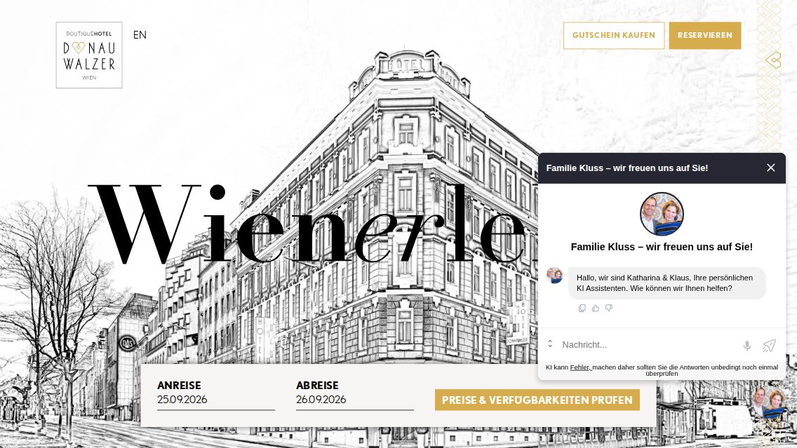 Website von BoutiqueHOTEL Donauwalzer, TYPO3 Referenz mit T3AC – AI Chatbot for TYPO3