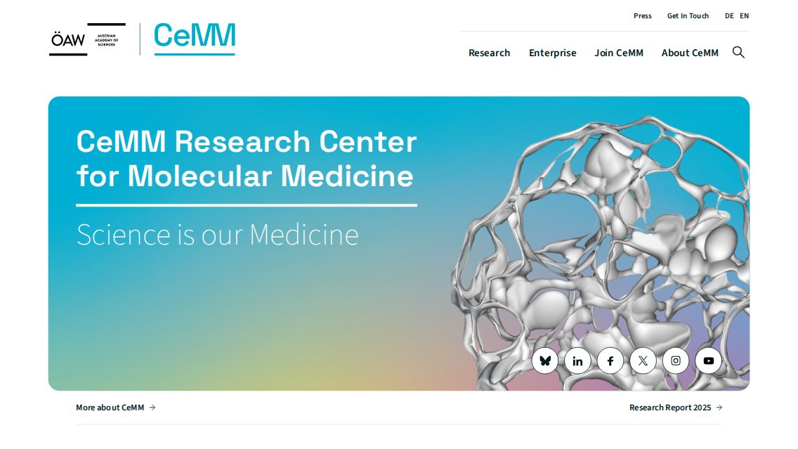 Website von CeMM, Austrian Academy of Sciences, TYPO3 Referenz mit T3AI – AI Assistant for TYPO3