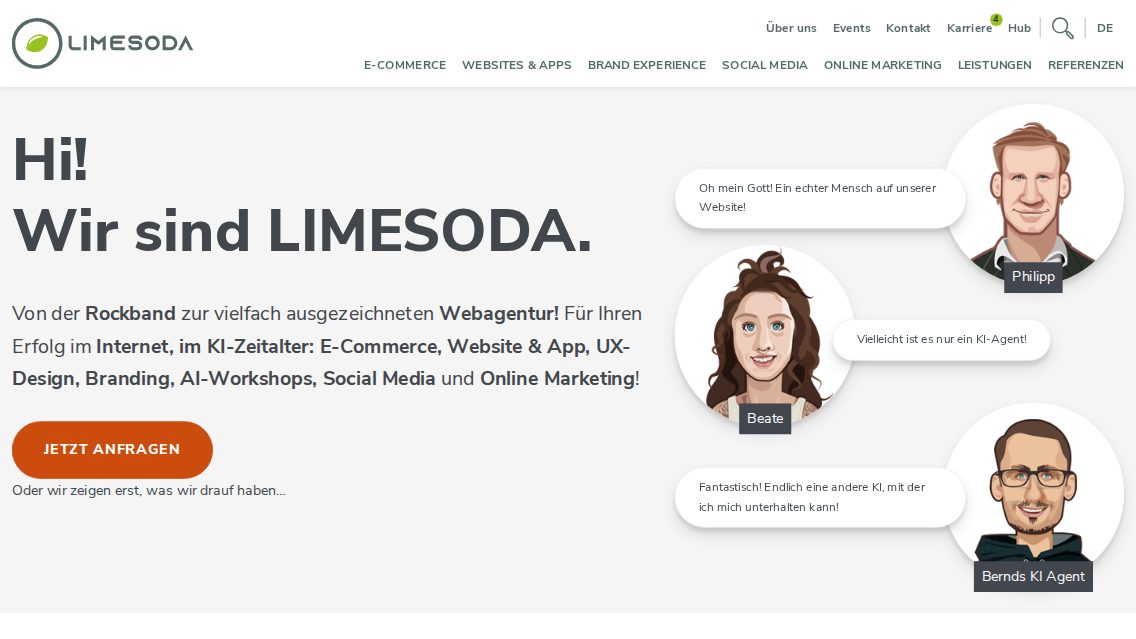 Website von LIMESODA Interactive Marketing, TYPO3 Referenz mit T3AI – AI Assistant for TYPO3
