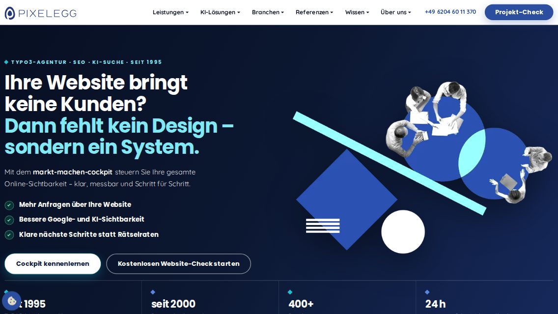 Website von pixelegg Informatik & Design, TYPO3 Referenz mit T3AI – AI Assistant for TYPO3
