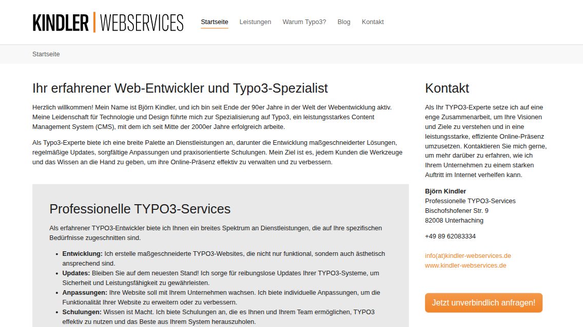 Website von Kindler Webservices, TYPO3 Referenz mit T3AI – AI Assistant for TYPO3