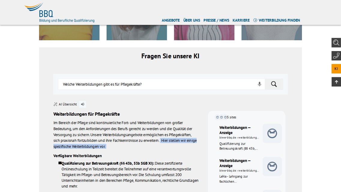 Website von Bildung und Berufliche Qualifizierung, TYPO3 Referenz mit T3AS – AI Search for TYPO3