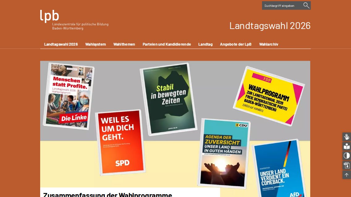 Website von Landeszentrale für politische Bildung Baden-Württemberg, TYPO3 Referenz mit T3AS – AI Search for TYPO3