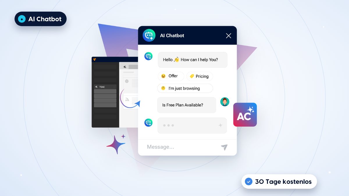 AI Chatbot für TYPO3: ein Chatfenster, das einer Besucherin antwortet, neben dem TYPO3-Backend