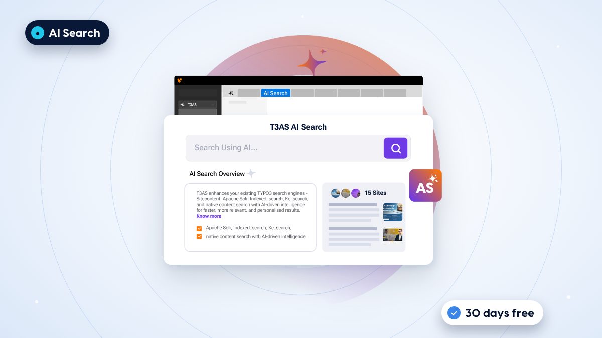 AI Search for TYPO3: a search box with an AI answer overview and matching results