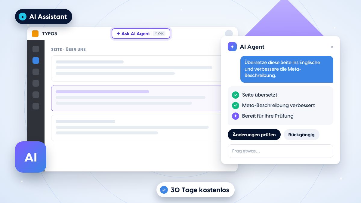 TYPO3-Backend mit dem Panel Ask AI Agent: Eine Redakteurin lässt eine Seite übersetzen und die Meta-Beschreibung verbessern, der Agent meldet beides zur Prüfung bereit
