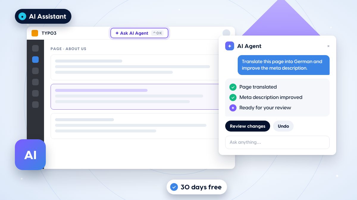 TYPO3 backend with the Ask AI Agent panel: an editor asks to translate a page and improve its meta description, the agent reports both steps ready for review