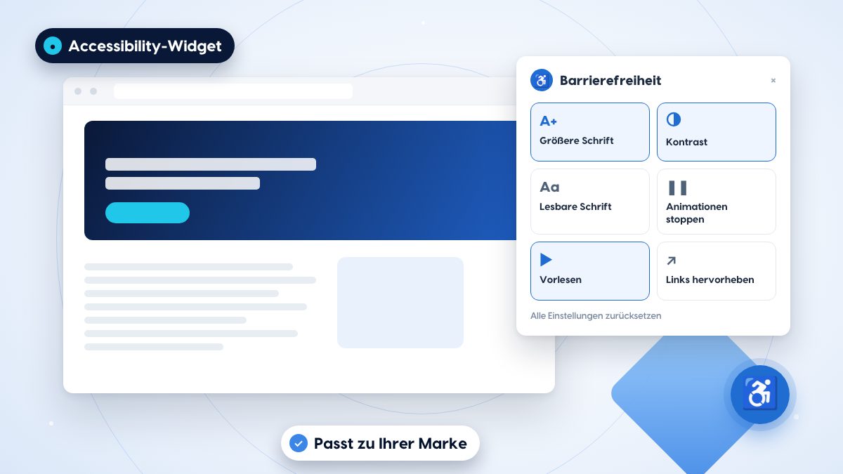 Eine Website mit geöffnetem Accessibility-Widget: größere Schrift, Kontrast, lesbare Schrift, Animationen stoppen, Vorlesen und Links hervorheben