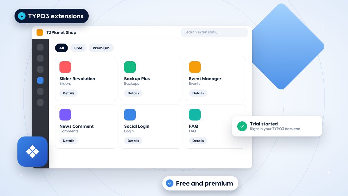 The T3Planet Shop module in the TYPO3 backend with extension cards and a trial-started notice