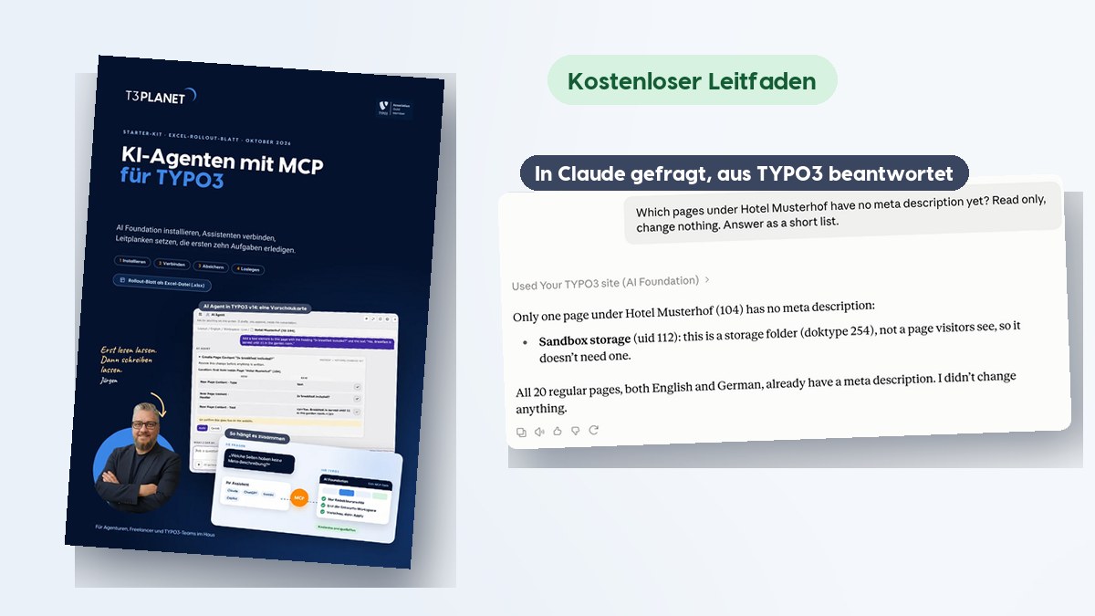 Titelseite des MCP-Starter-Kits für TYPO3 neben der Vorschaukarte des AI Agent und dem Modul MCP Server im TYPO3-Backend