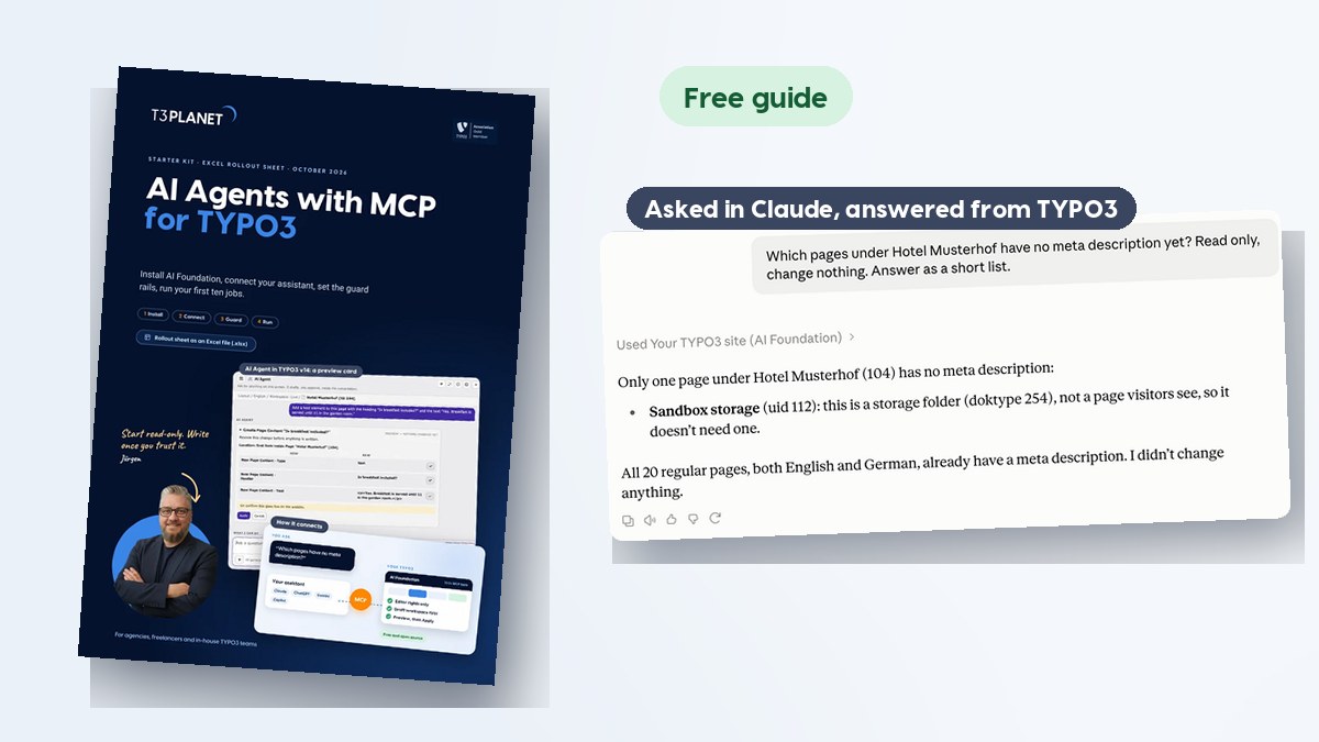 Cover of the MCP Starter Kit for TYPO3 next to the AI Agent preview card and the MCP Server module in the TYPO3 backend