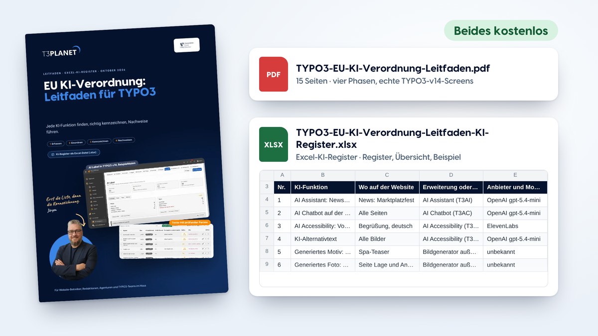 Titelseite des Leitfadens zur EU KI-Verordnung für TYPO3 neben den zwei kostenlosen Dateien: PDF und Excel-KI-Register
