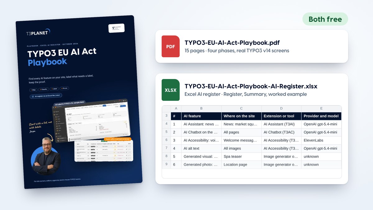 Cover of the TYPO3 EU AI Act Playbook next to its two free files: the PDF and the Excel AI register