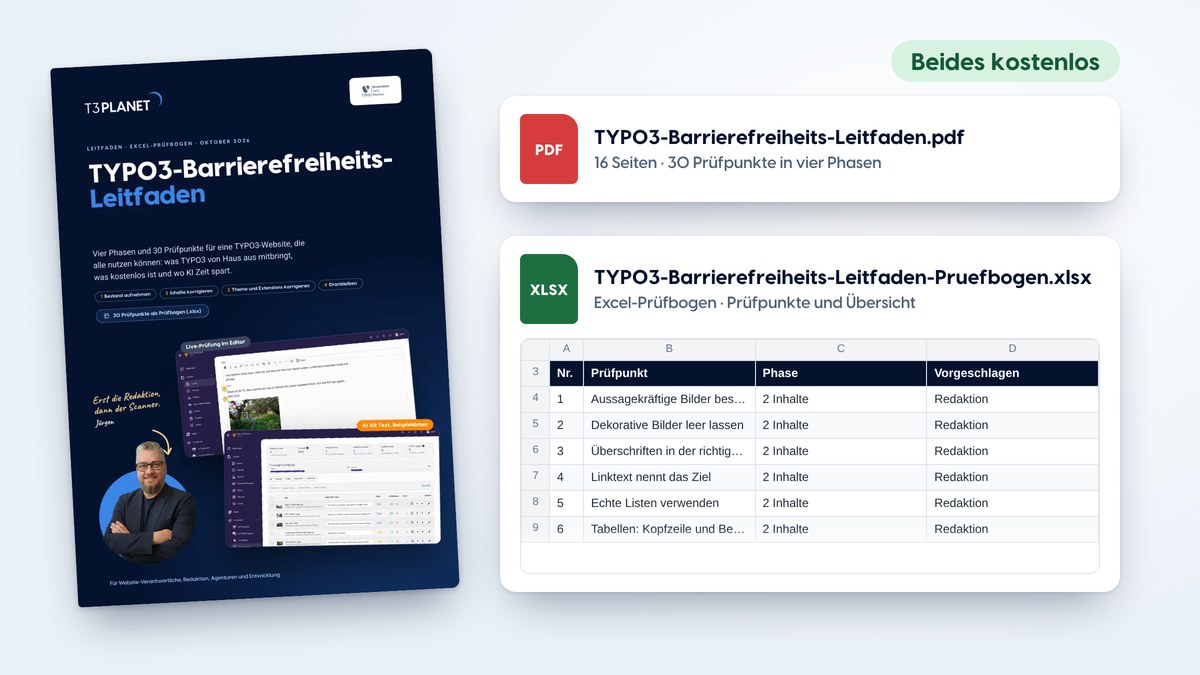 Titelseite des TYPO3-Barrierefreiheits-Leitfadens neben den zwei kostenlosen Dateien: PDF und Excel-Prüfbogen