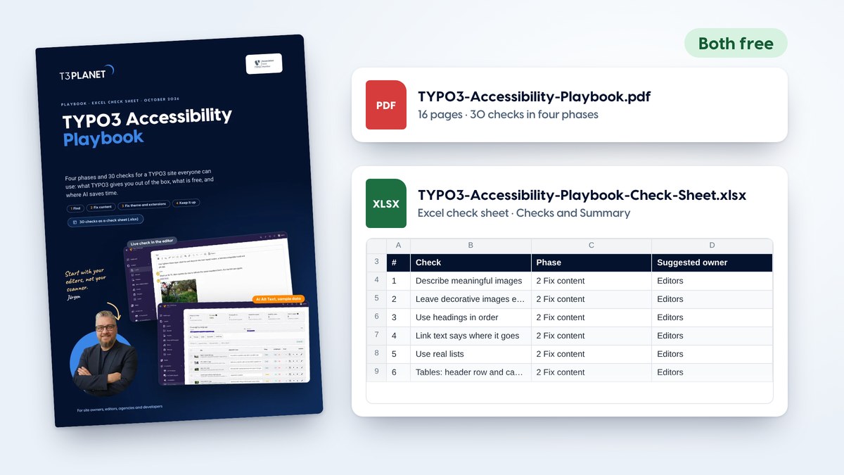 Cover of the TYPO3 Accessibility Playbook next to its two free files: the PDF and the Excel check sheet