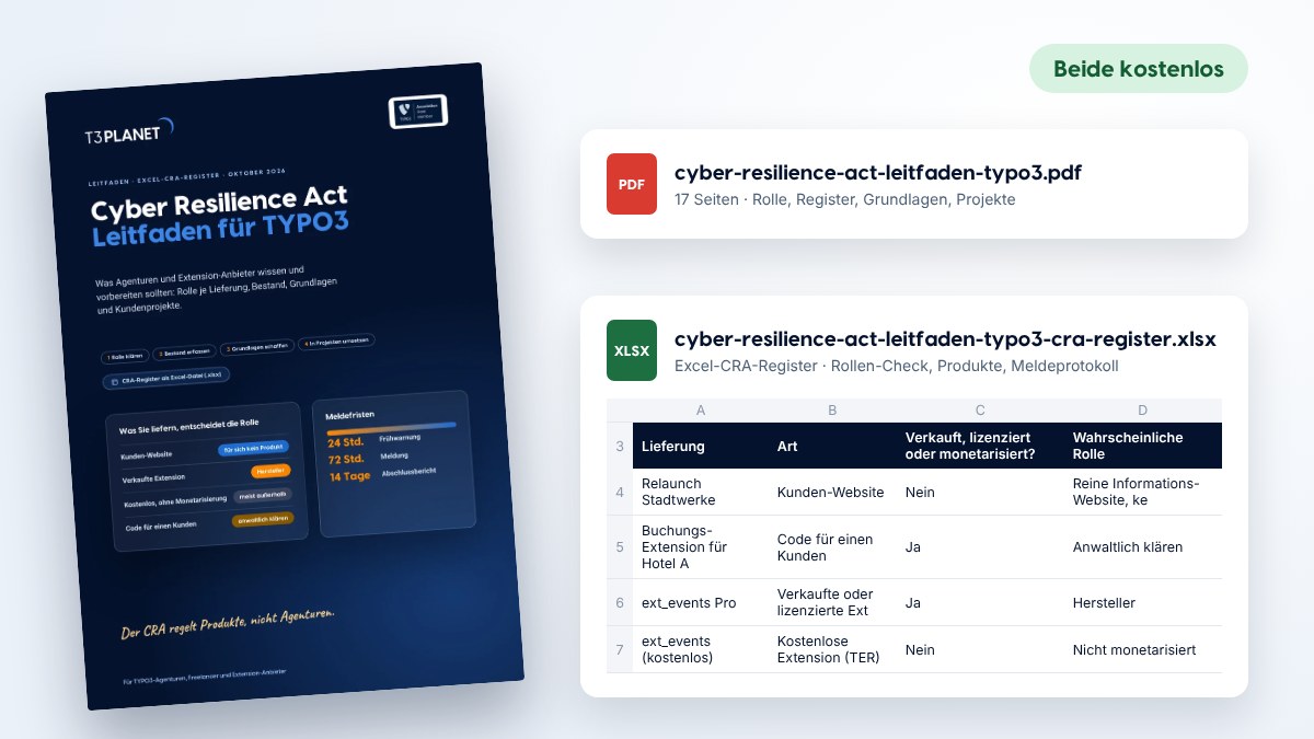 Titelseite des Cyber-Resilience-Act-Leitfadens für TYPO3 neben PDF und Excel-CRA-Register, beide kostenlos