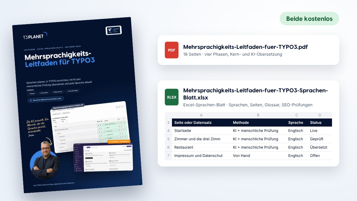Titelseite des Mehrsprachigkeits-Leitfadens für TYPO3 neben PDF und Excel-Sprachen-Blatt, beide kostenlos