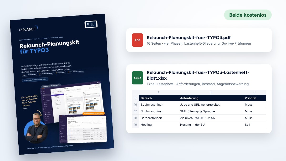 Titelseite des Relaunch-Planungskits für TYPO3 neben PDF und Excel-Lastenheft-Blatt, beide kostenlos