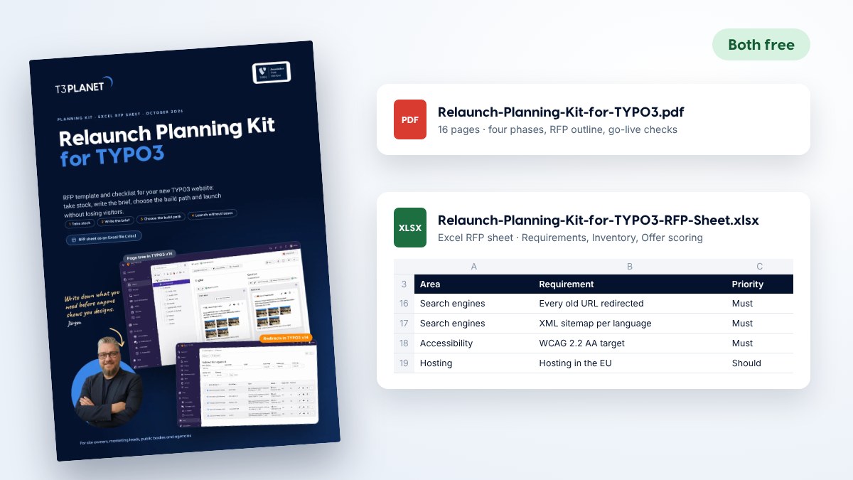 Cover of the Relaunch Planning Kit for TYPO3 next to the PDF and the Excel RFP sheet, both free