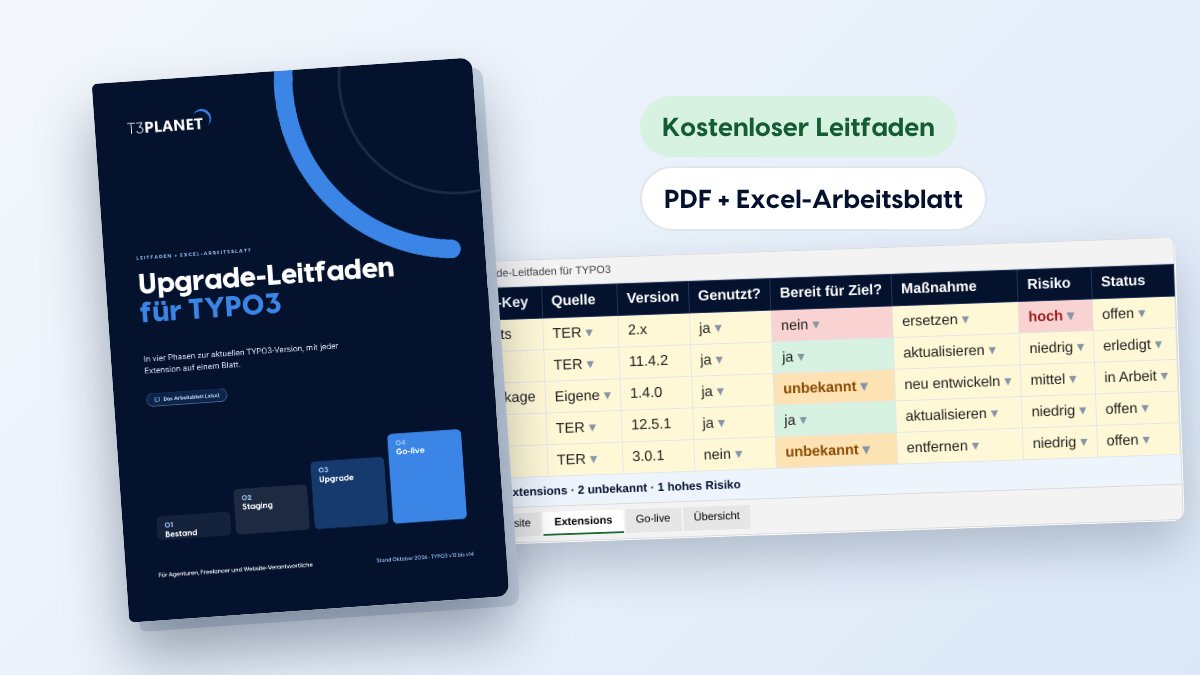 Cover des Upgrade-Leitfadens für TYPO3 mit dem Excel-Arbeitsblatt für jede Extension